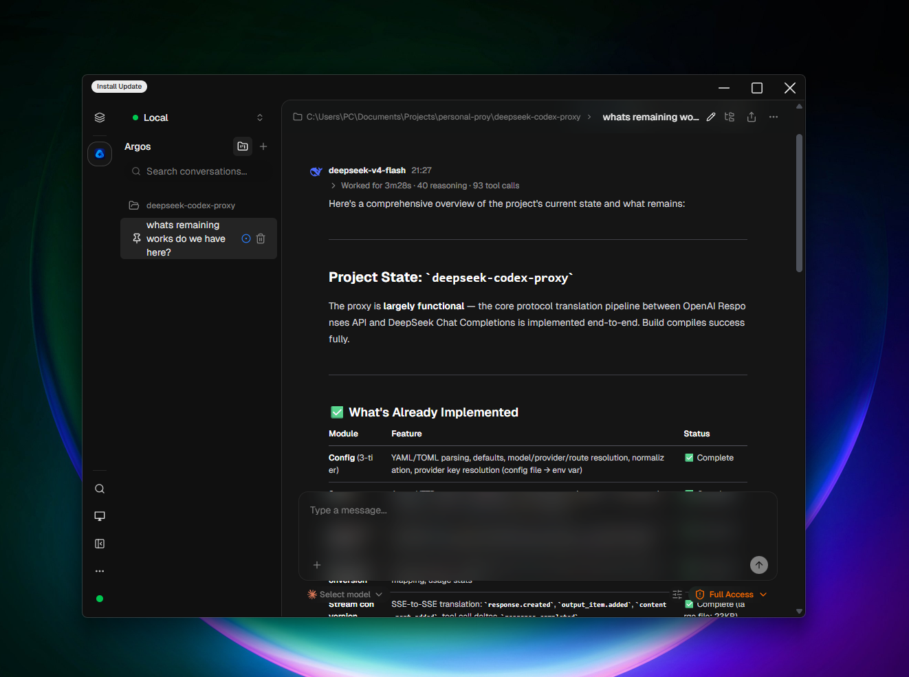 Argos desktop app — multi-model chat with MCP tool calls and artifacts